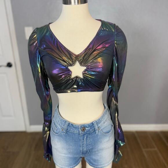 Dolls Kill Tops - Dolls Kill Club EXX Galaxy Gathered Long Sleeve Top, S